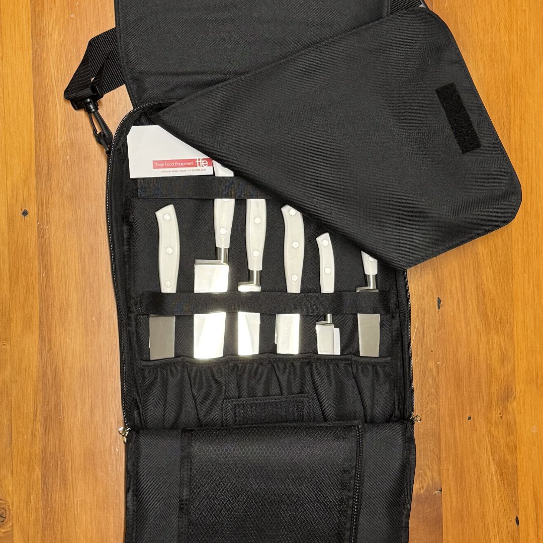 chef tech courier-style chef knife carrier bag with chef knives inside