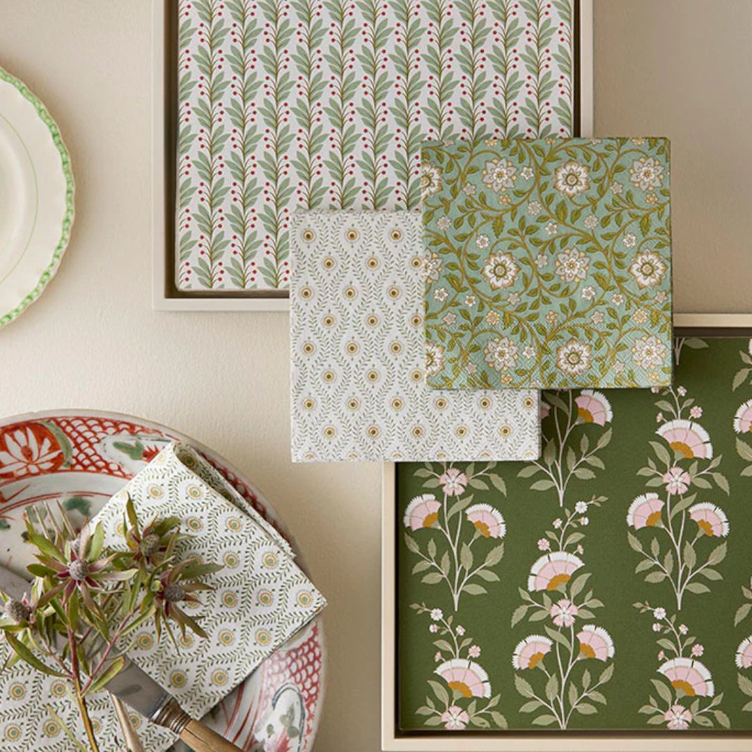assorted napkins from Bungalow in Denmark including green Calla Pine design